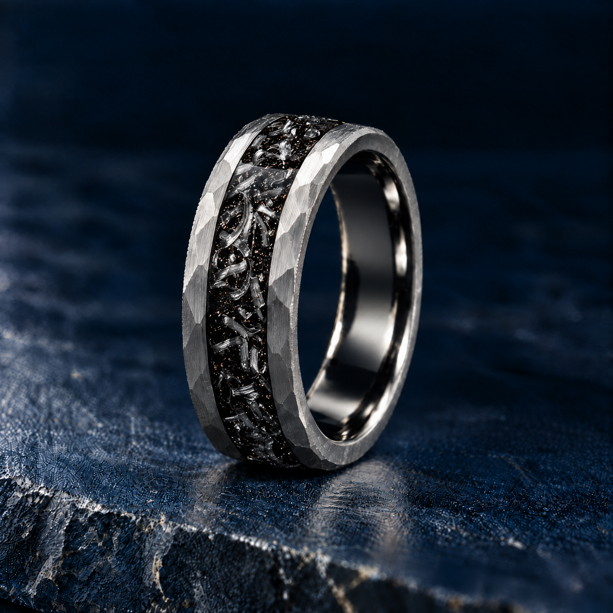 The Perseid tungsten ring with meteorite effect inlay, angled view