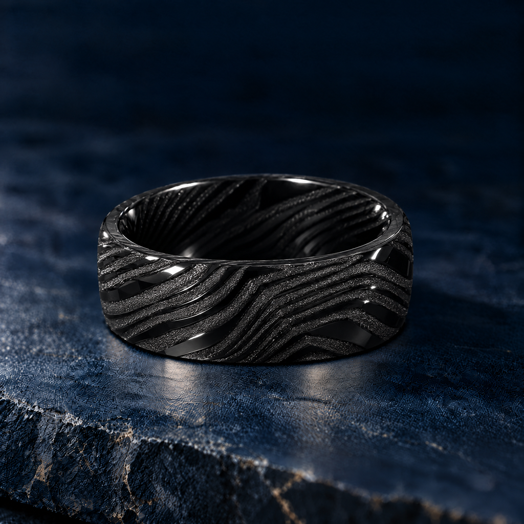 The Orion black Damascus steel ring, 8mm width