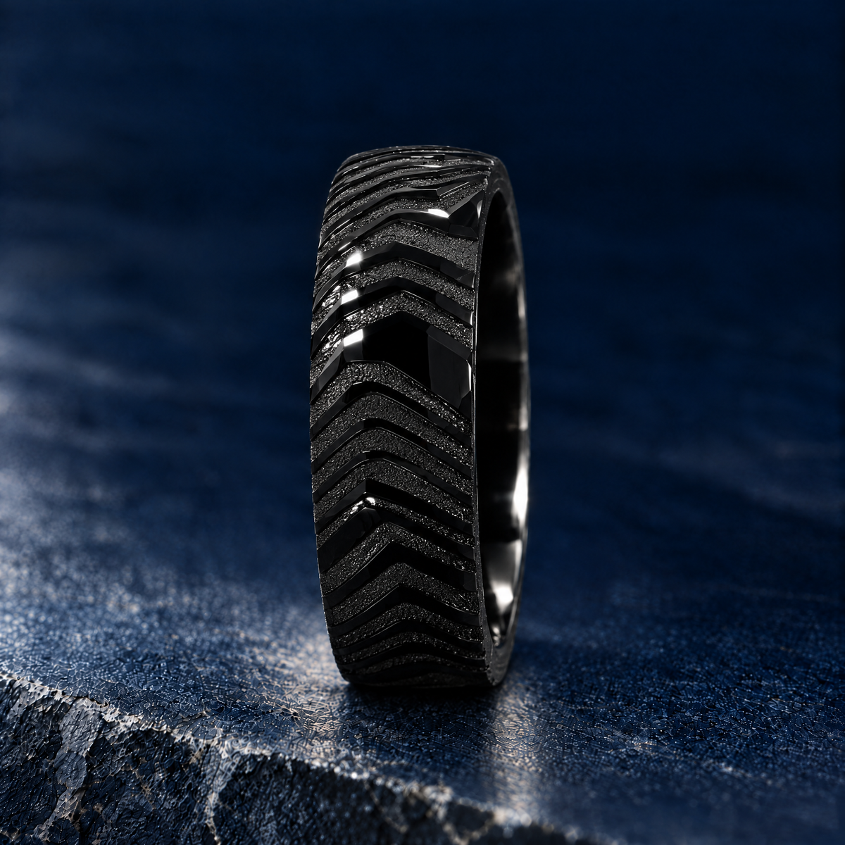 The Orion black Damascus steel ring, side view