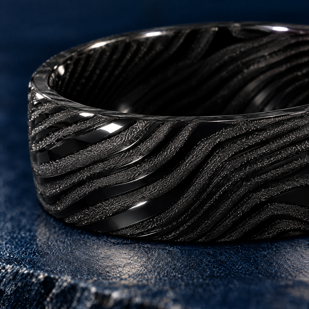 The Orion ring, close-up of the black Damascus relief