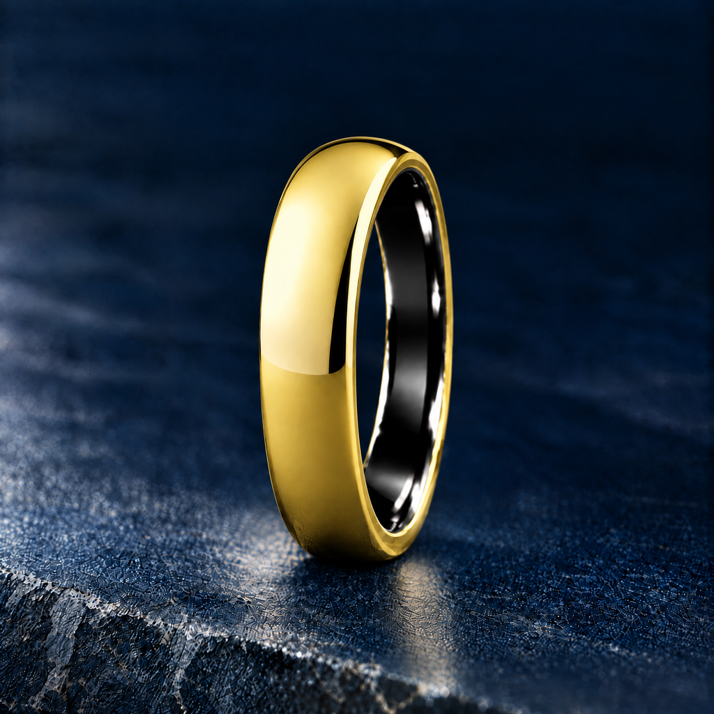 The Sovereign polished gold tungsten ring, side view